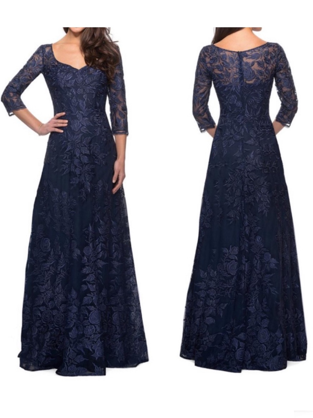 LA FEMME Floral Embroidered Mesh A Line Gown Navy Dress NEW Size 12